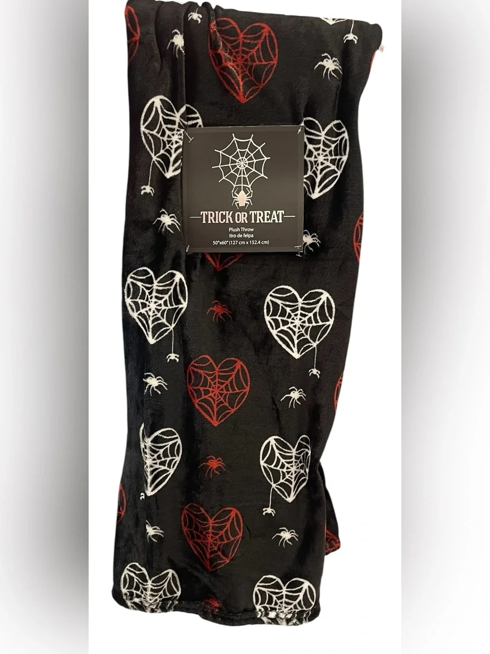 Halloween Spiderweb-Hearts  Plush Throw Black Red White Spiders 50 x 60 NEW NWT